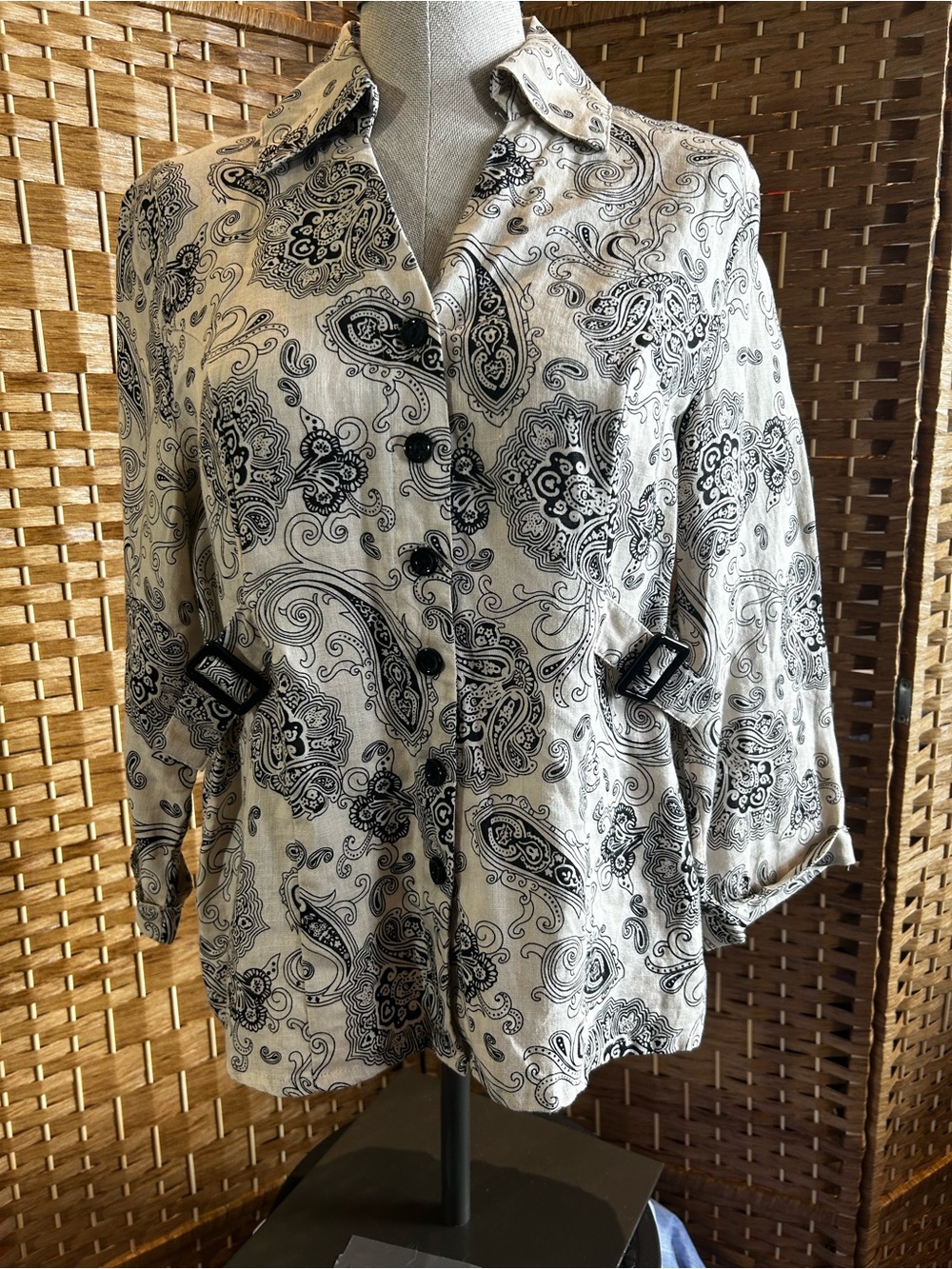 Carol Little 100% Linen Button Front Top Paisley Print Large